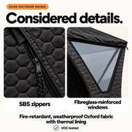 SBS zippers, fibreglass-reinforced windows, fire-retardant weatherproof Oxford fabric with thermal lining; VOC tested