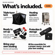 Core kit includes triple-layer tent, weatherproof cover, heating system, setup tools and carry bags; seating not included