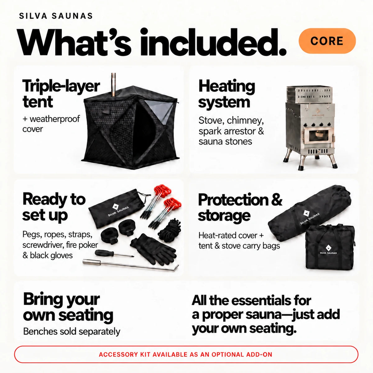Core kit includes triple-layer tent, weatherproof cover, heating system, setup tools and carry bags; seating sold separately