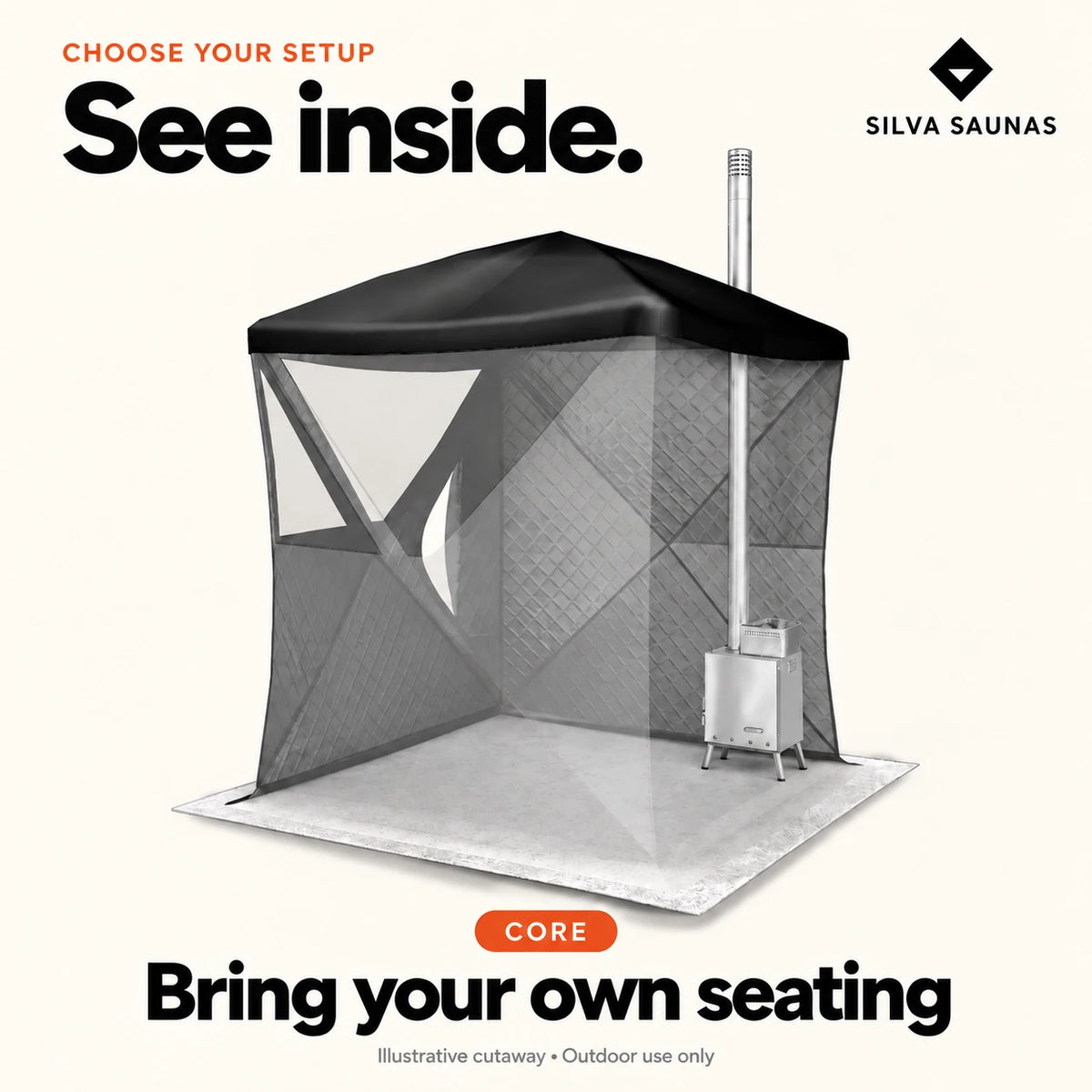 Illustrative Core sauna cutaway with no bench; bring your own seating