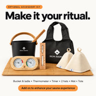 Optional Silva sauna accessory kit with bucket, ladle, thermometer, timer, two hats, mat and tote