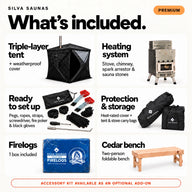 Premium kit includes sauna tent, weatherproof cover, heating system, setup tools, bags, firelogs and a cedar bench