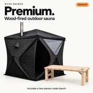 Silva Premium wood-fired outdoor sauna with a two-person cedar bench