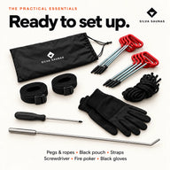 Silva tent setup equipment with pegs, ropes, straps, screwdriver, fire poker and black gloves