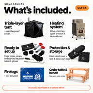 Ultra kit includes sauna tent, weatherproof cover, heating system, setup tools, bags, firelogs and cedar table and bench combo