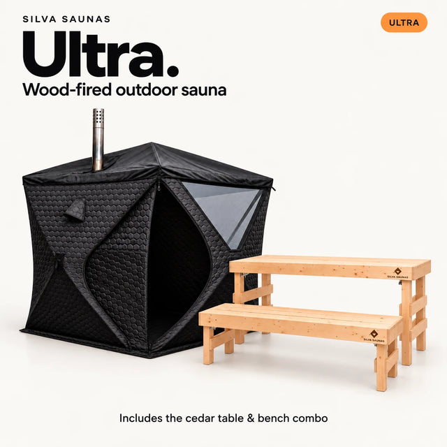 Silva Ultra wood-fired outdoor sauna with cedar table and bench combo